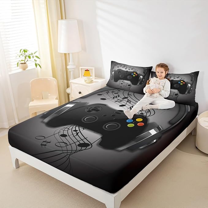 Gamer Sheet Set Black Grey Headphones Musical Notes Design Gaming Bed Sheet Sets for Kids Boys Video Game Room Decor Retro Playing Gamepad Fitted Sheet,Gaming Controller Flat Sheet - 4 Piece Queen - Image 4