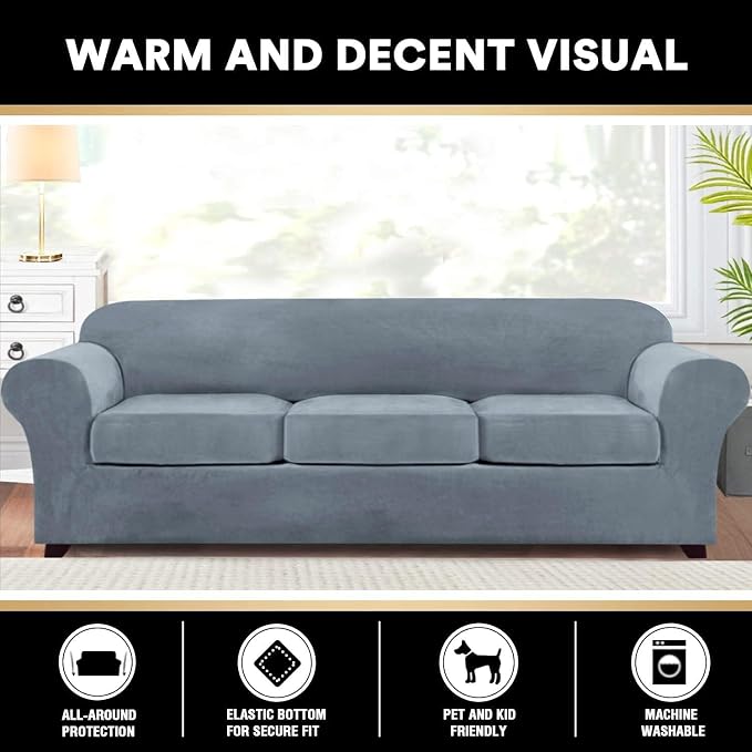 PrinceDeco Velvet Couch Covers for Sofa Soft 4 Pieces Covers for 3 Cushion Couch Sofa Pet Friendly Furniture Protector with Non Slip Elastic Bottom Width Up to 97 Inch (Large Sofas, Stone Blue) - Image 6