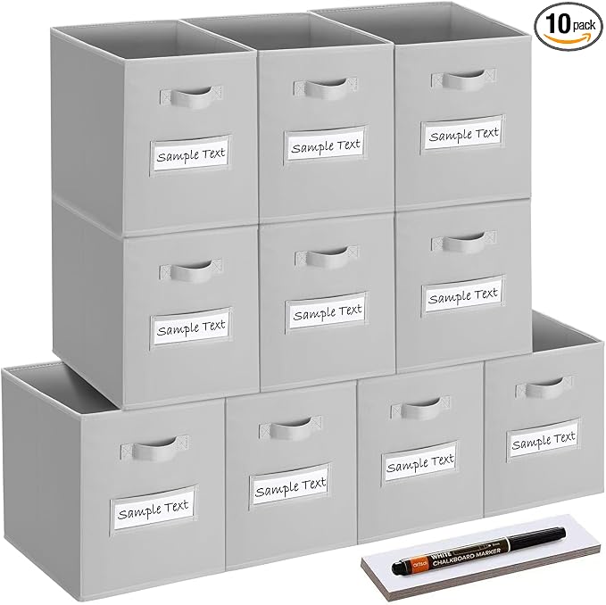 11x11 storage cube bins (Set of 10) Foldable Fabric storage cubes with 10 Labels Window Cards & a Pen,11 inch cube storage bin,Closet Organizers for Shelves,Cubby Organizer Boxes,Light Grey by Artsdi