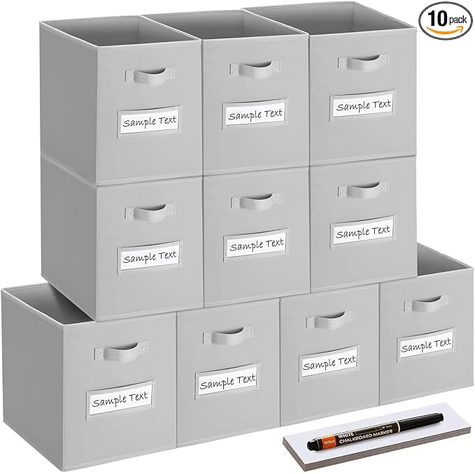 13x13 storage cube bins (Set of 10) Foldable Fabric storage cubes with 10 Labels Window Cards & a Pen,13 inch cube storage bins,Closet Organizers for Shelves,Cubby Organizer Boxes,Light Gray by Artsdi