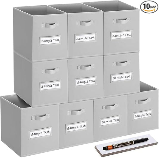 13x13 storage cube bins (Set of 10) Foldable Fabric storage cubes with 10 Labels Window Cards & a Pen,13 inch cube storage bins,Closet Organizers for Shelves,Cubby Organizer Boxes,Light Gray by Artsdi