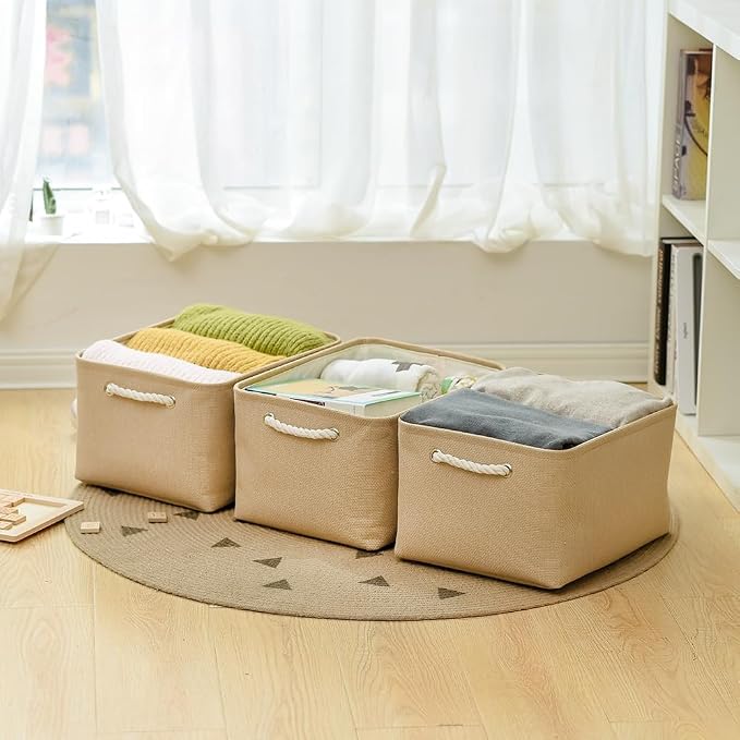 TheWarmHome Organization and Storage Bin for Shelves - Large 3 Pack 16x12x8 inch Storage Basket for Organizing, Canves Storage Cubes for Organizer Toy Closet Cloth Gift (Beige) - Image 5