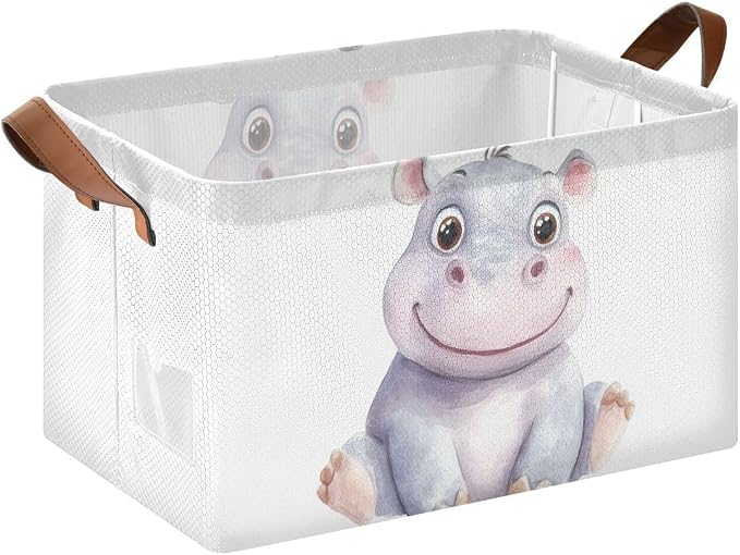 Cute Baby Hippopotamus Hippo Animal Storage Basket with Labels&Handles Rectangular Waterproof Nursery Storage Bins Collapsible Shelf Organizer Baskets for Kids Books Cloth Gift Basket Toys Laundry - Image 7