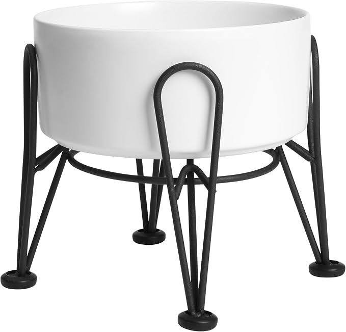 Elevated Dog Bowl, Ceramic Raised Dog Bowl with Anti-Slip and Non-Tip Metal Stand, 1 Pack Pet Food and Water Feeding Bowls for Small and Medium Dogs (White,3.6 Cups) by Kitwinney