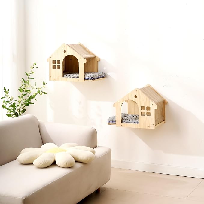 SHENGOCASE Wall Mounted Cat Furniture Set, Natural Wood, 47.2 inch Balcony Perch with Guardrail, 4 Steps, 2 Houses with Cushions - Image 2