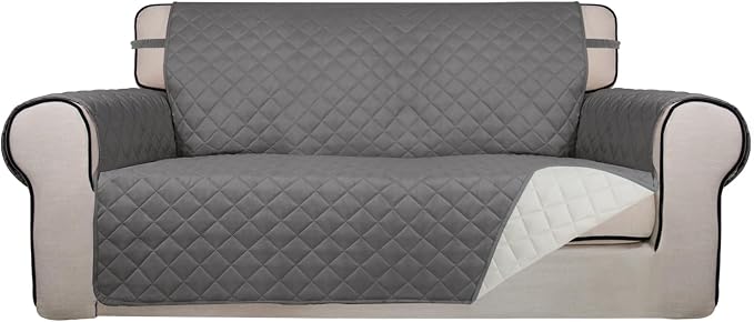 PureFit Reversible Quilted Couch Covers for Dogs Loveseat Sofa Cover 54" | Gray/Ivory, Water Resistant Couch Protector, Washable Pet Couch Cover with Non Slip and Elastic Straps For Kids by PureFit