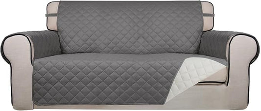 PureFit Reversible Quilted Couch Covers for Dogs Loveseat Sofa Cover 54" | Gray/Ivory, Water Resistant Couch Protector, Washable Pet Couch Cover with Non Slip and Elastic Straps For Kids by PureFit