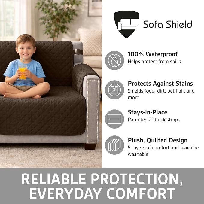 Sofa Shield 100% Waterproof Couch Cover with Patented Straps, Slip & Stain Resistant Furniture Protector, Machine Washable Sofa Slipcover for Dogs Cats Pets Kids, 28 inch Seat, Large Recliner, Brown - Image 2