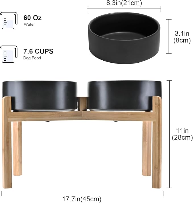 SPUNKYJUNKY Elevated Dog Bowls Ceramic, 8.3'' Dogs Food Water Bowls Raised with Non-Slip Bamboo Stand for Large Sized Breed Microwave Dishwasher Safe - 60 OZ,Black - Image 2