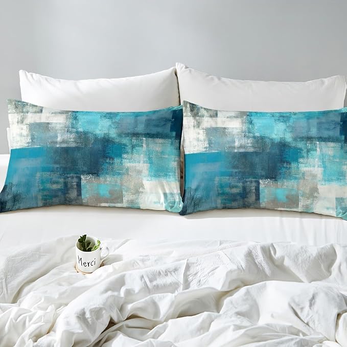 Erosebridal Turquoise Sheet Set King for Kids Boys,Teal and Grey Ombre Bed Sheets for Girls Adult,Grunge Watercolor Bedding Set,Vintage Contemporary Artwork Fitted Sheet + Top Sheet + 2 Pillowcases - Image 5