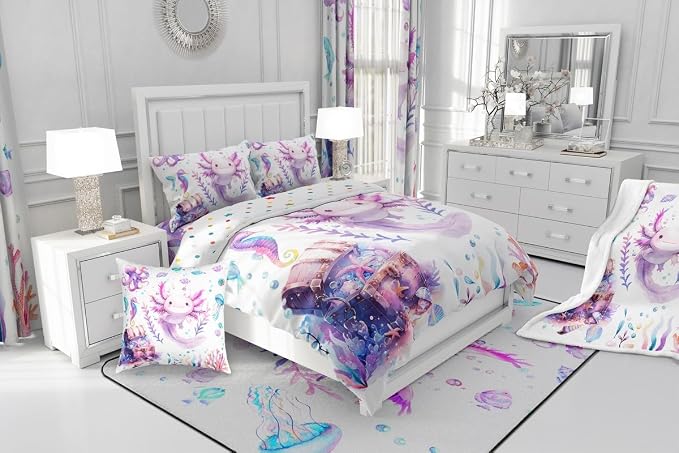 Manfei Kids Salamander Animals Boys Girls Comforter Set Full Size,Cute Axolotl Duvet Set Teens Bedroom Decor,Coral Underwater World Microfiber Soft Bedding - Image 6