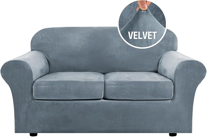 H.VERSAILTEX Real Velvet Plush 3 Piece Stretch Sofa Covers Couch Covers for 2 Cushion Couch Loveseat Covers Width Up to 72 Inch Feature Thick Soft Stay in Place (Medium Sofa, Stone Blue) by HVERSAILTEX