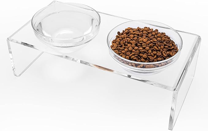 Acrylic Elevated Dog Cat Bowls Pet Feeder Double Bowl Raised Stand Comes with 2 Removable Glass Bowls and 2 Stainless Steel Bowls.Perfect for Medium Dogs, 5.5" Tall by Feoyoho