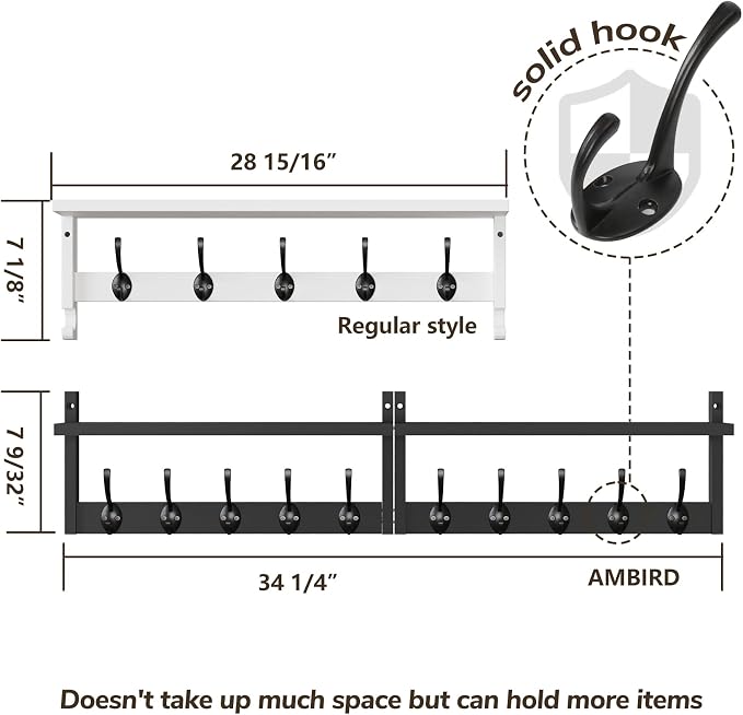 AMBIRD 34.2" Extra Long Wooden Wall Hook Rack with Shelf - Versatile and Decorative Wall-Mounted Storage with 10 Hooks for Coats, Hats, Keys - Ideal for Entryways, Bedrooms, Closets (Stylish Black) - Image 5