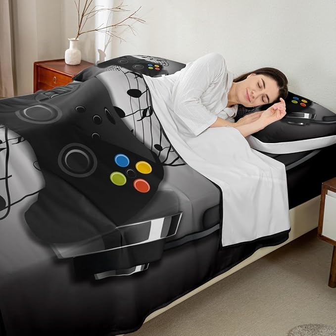 Gamer Sheet Set Black Grey Headphones Musical Notes Design Gaming Bed Sheet Sets for Kids Boys Video Game Room Decor Retro Playing Gamepad Fitted Sheet,Gaming Controller Flat Sheet - 4 Pcs King Size - Image 2