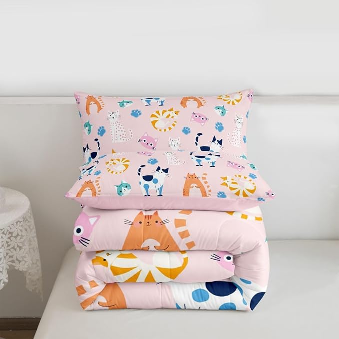 Feelyou King Size Cute Colorful Cat Bedding for Kids Teen Girls Room Decor Cat Comforter Set Kawaii Pink Kitten Quilt Feline Paw Bed Sets Ultra Soft Microfiber with 3 Piece - Image 3