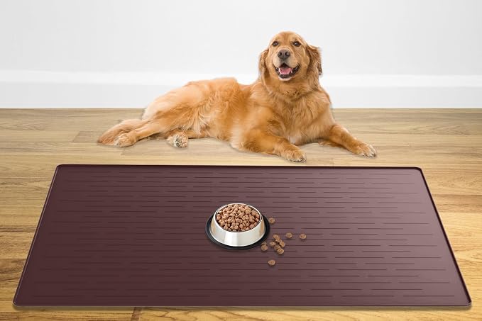 XXXL Pet Food Mat, 48" x 32" Largest Silicone Dog Mats for Food and Water, Nonslip Pet Feeding Mats for Floors,Dog Cat Bowl Mat with Raised Edges, Drak Brown by WelcometoULTIBE