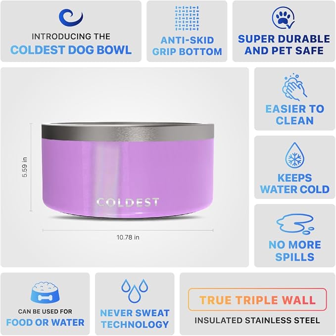 Coldest Dog Bowl - Anti Rust Metal, Non Slip, 3 Layers Insulated Stainless Steel Dog Bowls - Spill Proof & Heavy Duty - Water Bowl for Dogs, Cats, Dish Washer Safe (200 oz, Saturns Purple Glitter) - Image 5