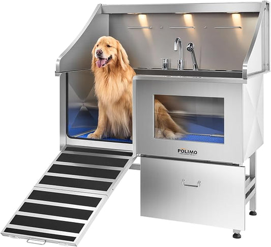 POLIMO Dog Washing Station with LED Display 50" (Left Ramp), 304 Stainless Steel Dog Bathtub for Large Medium Small Dogs, Professional Pet Grooming Tub with Faucet, Storage Drawer, Floor Grate, Window by BathTimeMadeEasy