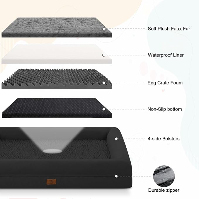XL Orthopedic Dog Bed Waterproof for Extra Large Size Dogs | 360 Degree Bolster Support, Egg Crate Foam, Waterproof Liner, Non-Slip Bottom, Machine Washable Cover, 41 x 29 Inch - Image 5