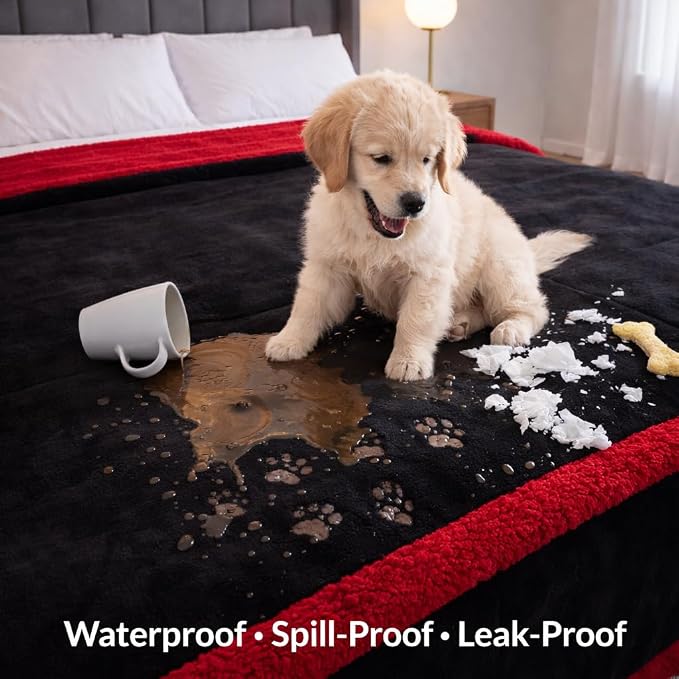 Waterproof King Size Blanket - Sherpa Fleece Reversible Throw, Soft Warm Leak-Proof Bed & Couch Protector for Kids, Pets & Everyday Spills (Velvet Red/Obsidian Black, King 90x108) - Image 3