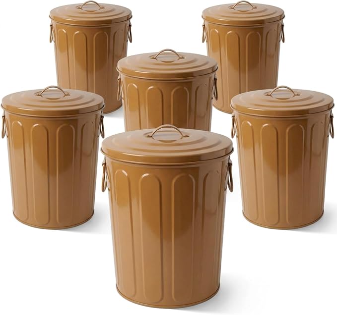 Plexon 5 Gallon Small Metal Trash Can with Lid Outdoor Galvanized Steel Bucket with Lid 5 Gal Storage Can for Dog Food Bird Seed Storage Container, Brown 6 Pack by Plexon