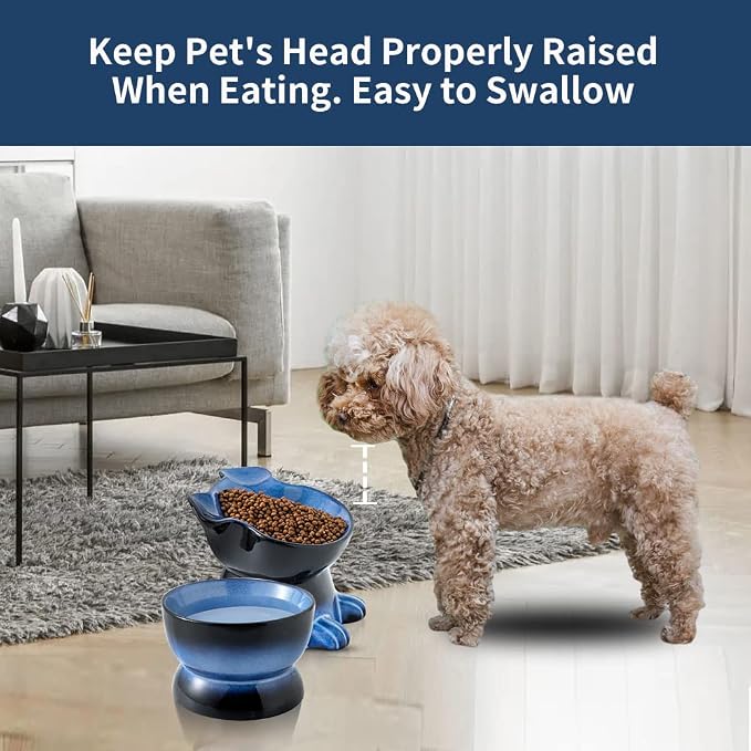Nihow Dog Food & Water Bowls: Elevated Ceramic Bowls for Medium/Small Dog | Food Safe Raised Puppy Bowls - Vivid Blue Pet Bowl for Protecting Pet's Spine (Set of 2) - Image 3