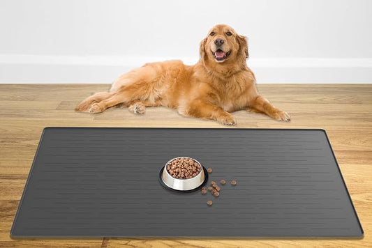 48" x 32" XXXL Largest Pet Food Mat, Silicone Dog Mats for Food and Water, Nonslip Pet Feeding Mats for Floors,Dog Cat Bowl Mat with Raised Edges, Dark Gray by WelcometoULTIBE