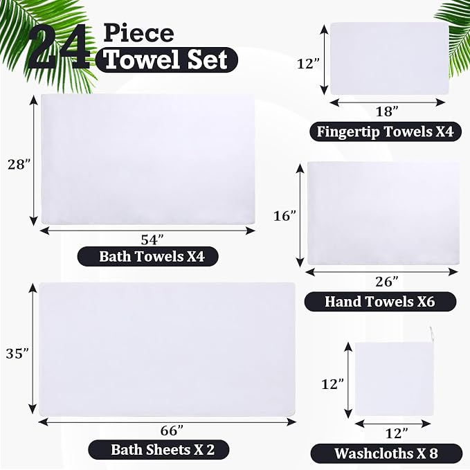 Mixweer 24 Piece White Microfiber Absorbent Towel Set: 2 Oversized Bath Sheets, 4 Bath Towels, 6 Hand, 8 Washcloths, 4 Fingertip for Bathroom Spa Gym Camping Beach - Image 6