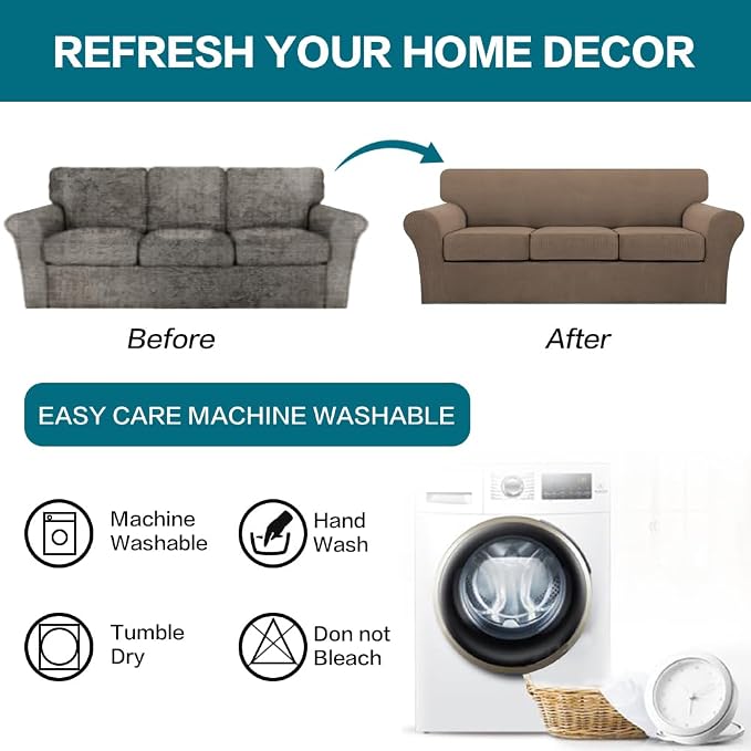 Turquoize 4 Piece Sofa Covers for 3 Cushion Couch Sofa Slipcover Soft Couch Cover for Dogs Washable Furniture Cover with 3 Individual Large Cushion Covers Feature Fabric (Large Sofa, Macchiato) - Image 7