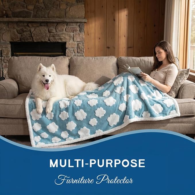 Waterproof Pet Blanket,Dog Blue Dog Blankets for Bed Covers Couch Sofa Stylish Jacquard Pets Throw Blankets for Puppy Cats Washable Reversible Furniture Protection Covers (Blue Cloud,M) - Image 4
