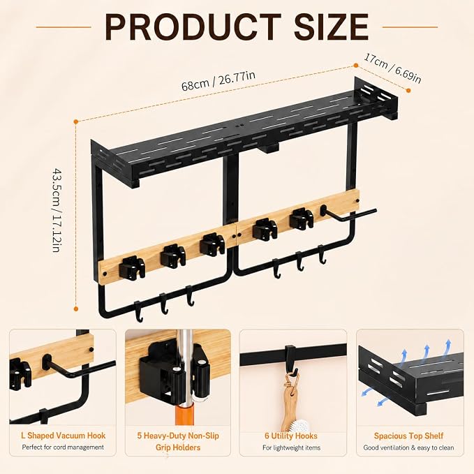 Large Broom Mop Holder Wall Mount with Shelf,5 Grips,6 Hooks,Vacuum Hook | 3-in-1 Cleaning Supplies Organizer,Broom Organizer,Top Shelf with Railing,Storage Rack for Laundry Utility Garages Kitchens, - Image 3