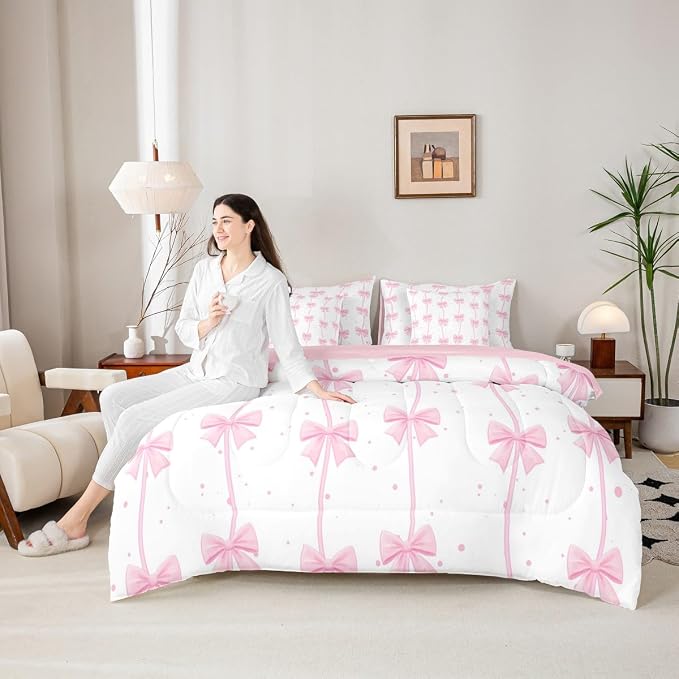 Feelyou Pink Bow 7 Piece Bedding Set Pretty Bowknot Comforter Set with Sheets for Kids Boys Girls Pink White Bed in a Bag Cute Wave Dot Bed Set Soft Lightweight - Image 6