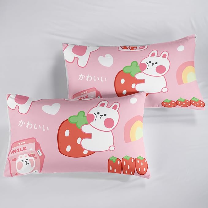 QOOMO Strawberry Rabbit Comforter Set for Kids Teens Girls Women,Pink Bunny Kids Comforter,1 Comforter with 2 Pillowcase, Microfiber 3 Piece Bedding Set,for All Seasons(Pink，Full Size) - Image 6