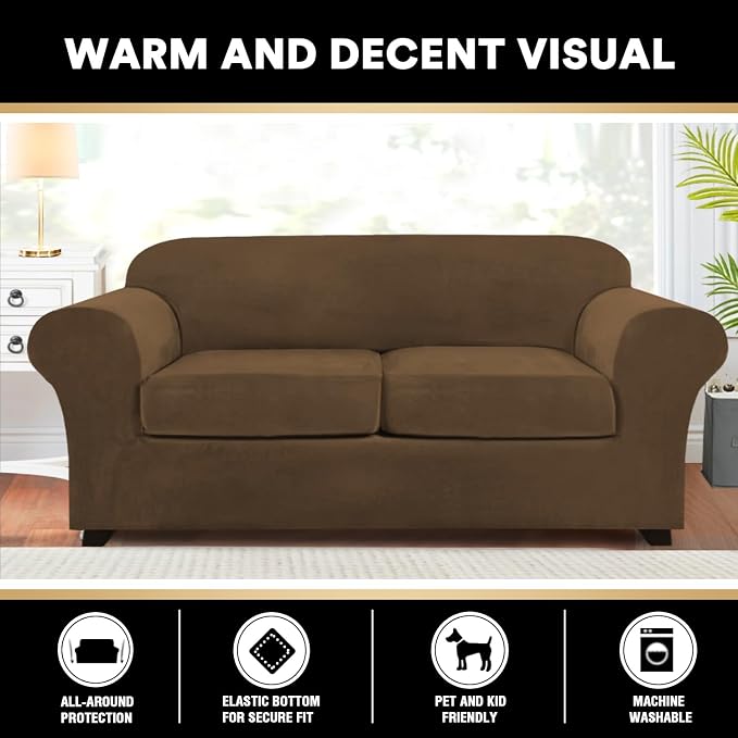 PrinceDeco Couch Cover Velvet Plush Sofa Covers for 2 Cushion Couch Width Up to 90 Inch Washable Furniture Protector Pet Friendly No Slip Sofa Slipcover(Medium-Large, Bronze Brown) - Image 6