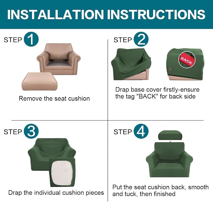 Turquoize 2 Piece Chair Covers Armchair Slipcovers for Living Room Armchair Sofa Cover with Individual Cushion Covers Feature Jacquard Fabric (Chair, Bronze Green) - Image 6