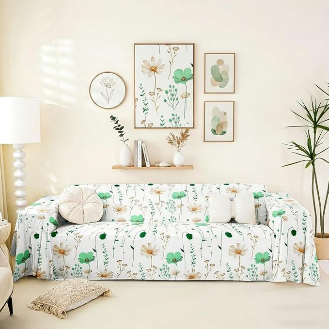 Erosebridal Watercolor Floral Couch Cover Emerald Green Beige Flower Sofa Cover 91" X 118" Modern Minimalist White Couch Protector for Sectional Sofasrustic Farmhouse Washable Non Slip Sofa Protector by Erosebridal