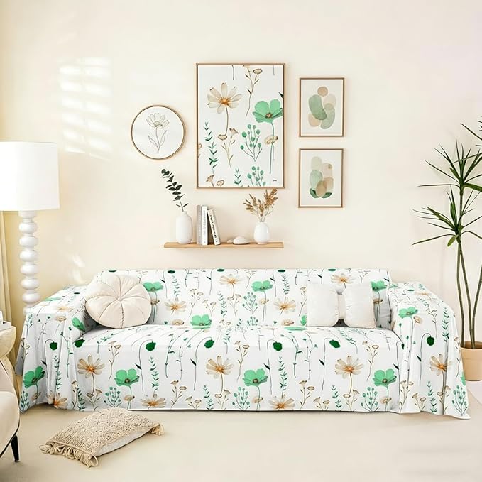 Erosebridal Watercolor Floral Couch Cover Emerald Green Beige Flower Sofa Cover 91" X 150" Modern Minimalist White Couch Protector for Sectional Sofasrustic Farmhouse Washable Non Slip Sofa Protector by Erosebridal