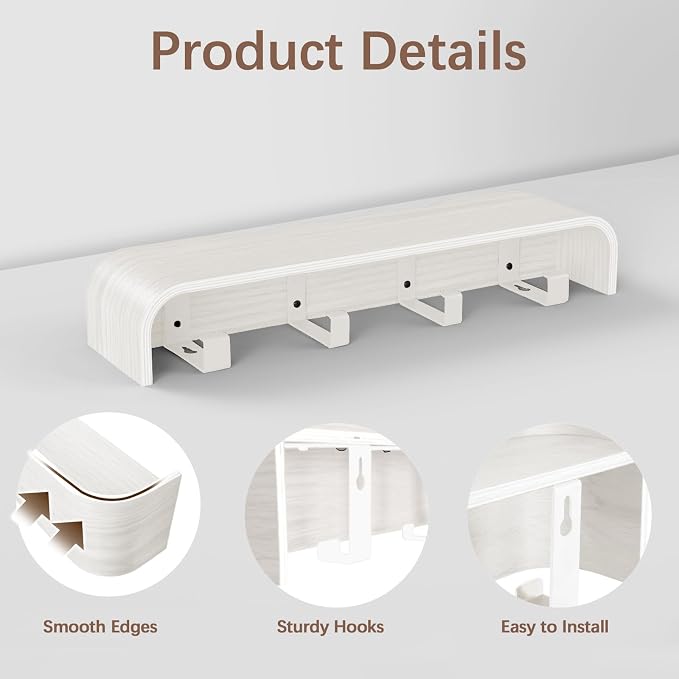 Coat Rack Wall Mount with Hidden Hooks, Wall Hooks with Shelf, Wall Key Holder Mount Wooden Shelf Entryway Hooks for Bedroom Bathroom for Hanging Coats Hats Bags Towels (White Wave-Shape, 4 Hooks) - Image 3