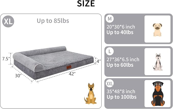 Orthopedic Dog Bed, Pet Sofa with Bolster for Extra Large Dogs | Egg Crate Foam, Removable Washable Cover, Waterproof Lining, Non-Slip Bottom, L-Shape, Cozy Plush, 42 x 30 Inch, Grey - Image 6