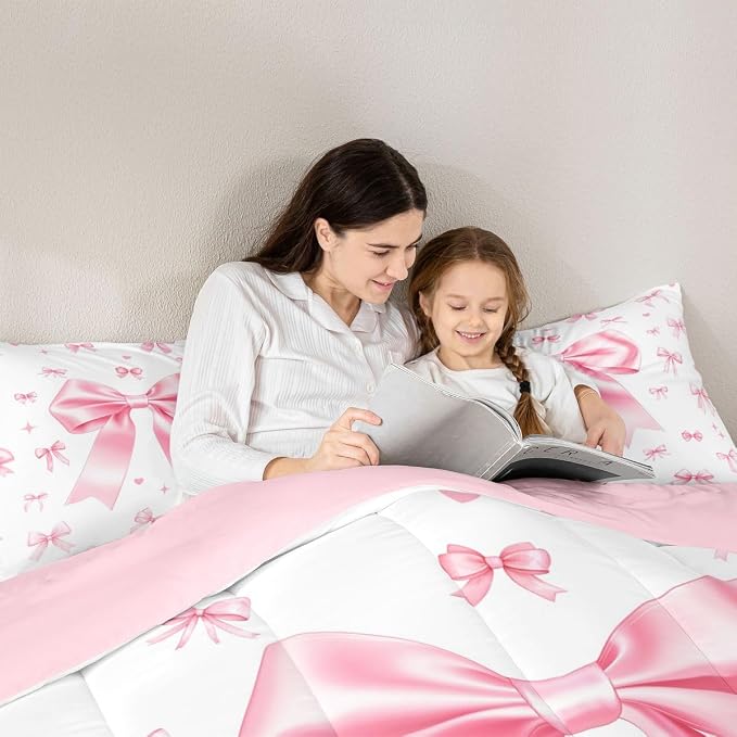 Manfei Pink Bow Comforter Set King Size,Cute Bowknot Princess Down Alternative Adults Bedroom Decor,Aesthetic Ribbon Bow Tie Ultra Soft Microfiber Inner Fill 3 Pcs Bedding - Image 5