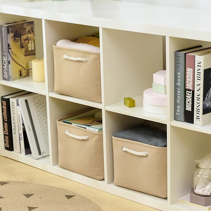 TheWarmHome Organization and Storage Bin for Shelves - Large 3 Pack 16x12x8 inch Storage Basket for Organizing, Canves Storage Cubes for Organizer Toy Closet Cloth Gift (Beige) - Image 3