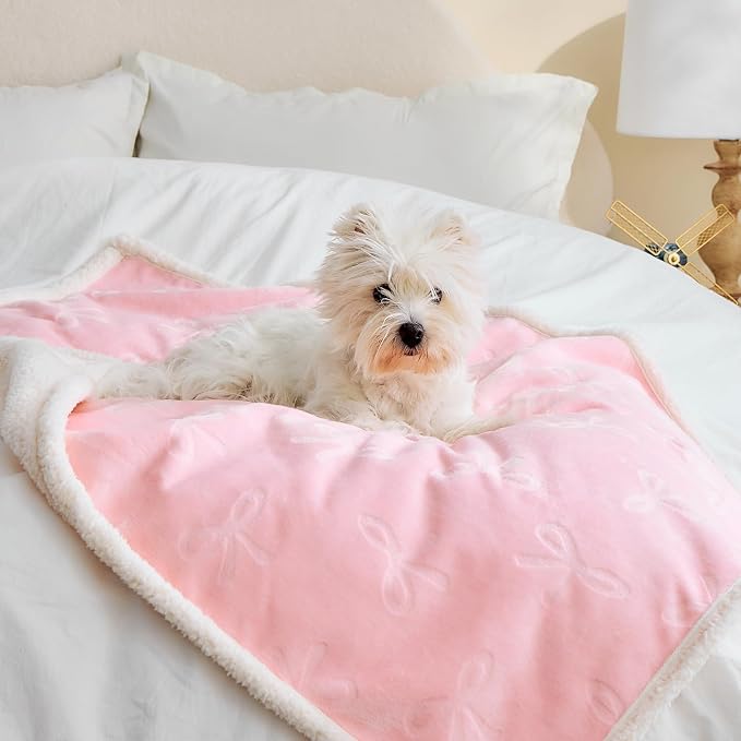 Qeils Pet Blankets for Cats - Waterproof Cat Blanket Washable - Sherpa Fleece Puppy Blanket, Soft Plush Reversible Throw Protector for Bed Couch Car Sofa, 40"X50", Pink Bows by Qeils