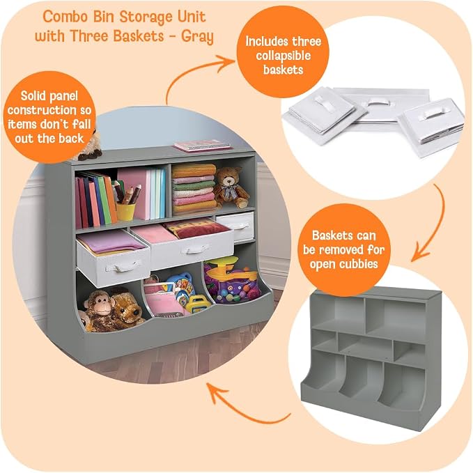 Badger Basket Combo Toy Storage Organizer and Bookshelf - Kids Storage Unit with 3 Removable Baskets, Open Shelves, Top Display Surface - Gray - Image 2