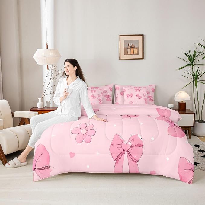 Erosebridal Pink Bows 7 Piece Comforter Set Twin Size Girly Bowknot Bedding Set for Kids Girls Bedroom Pink Bows Comforter with Sheets Microfiber Bow Ribbon Heart Pattern Quilt Set Flower Bed Set - Image 3