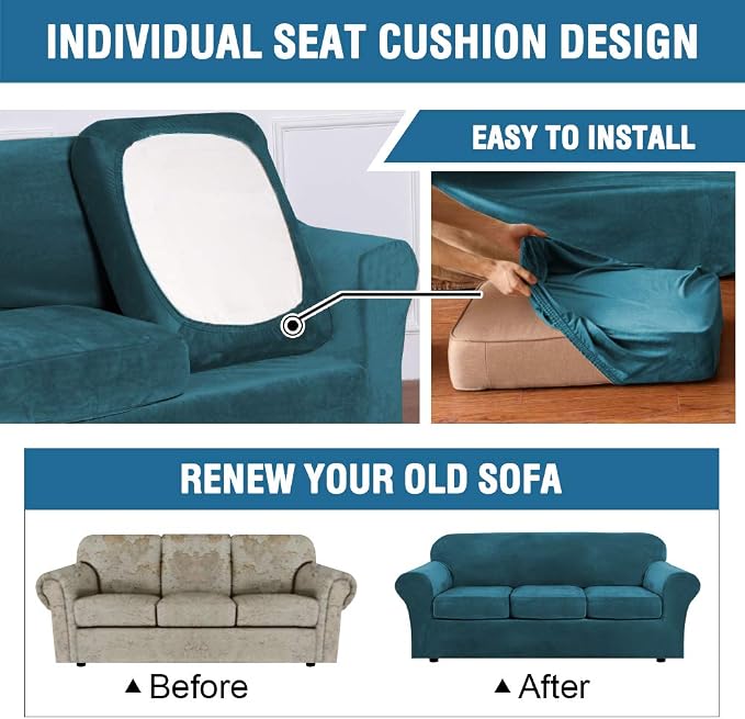 H.VERSAILTEX Rich Velvet Stretch 2 Piece Cover Chair Slipcover Sofa Cover Furniture Protector Couch Soft with Elastic Bottom Chair Couch Cover with Arms Width Up to 49 Inch(Chair, Deep Teal) - Image 6