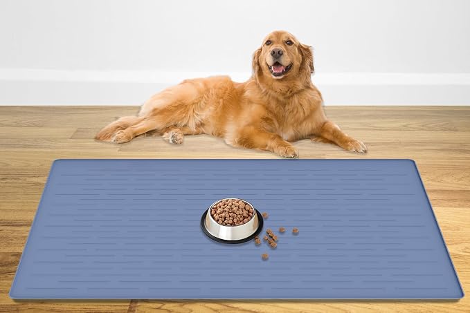 48" x 32" Largest Pet Food Mat, XXXL Silicone Dog Mats for Food and Water, Nonslip Pet Feeding Mats for Floors,Dog Cat Bowl Mat with Raised Edges, Lake Blue by WelcometoULTIBE