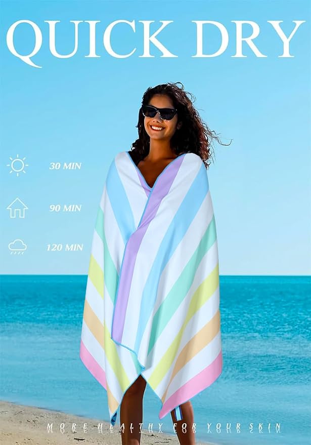 Yongoes 2 Pack Microfiber Beach Towel Oversized 71x32 Colorful Blue Striped | Thin & Lightweight, Sand Free, Super Absorbent Quick Dry Large for Pool Swim Bath Travel Vacation Accessories Essentials - Image 6