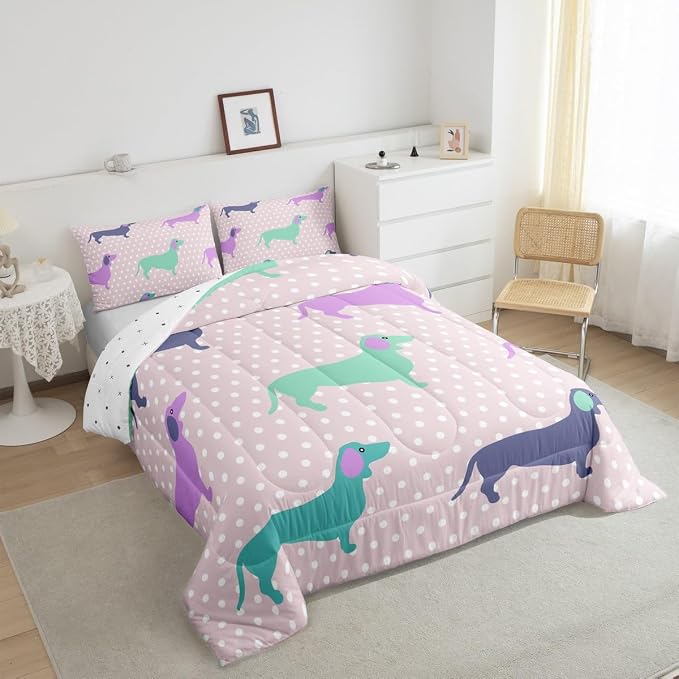Feelyou Dog Printed Comforter Dachshund Decor Bedding Bed Set for Kids Boys Girls Abstract Pet Puppies Comforter Set Polka Dots Dog Pink Quilt Collection 3Pcs King Size Boys - Image 2