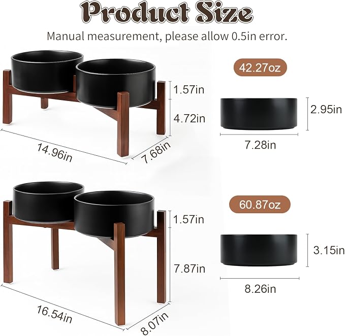 SPUNKYJUNKY Raised Ceramic Dog Bowls Set with Non-Slip Acacia Wood Stand for Medium Sized Dog(42.27 OZ, Black) - Image 2
